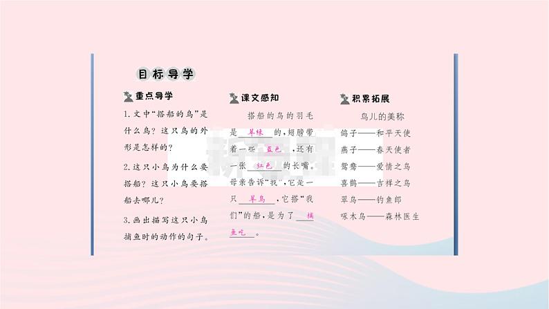 福建专版2019秋三年级语文上册第五单元15搭船的鸟习题课件新人教版第2页