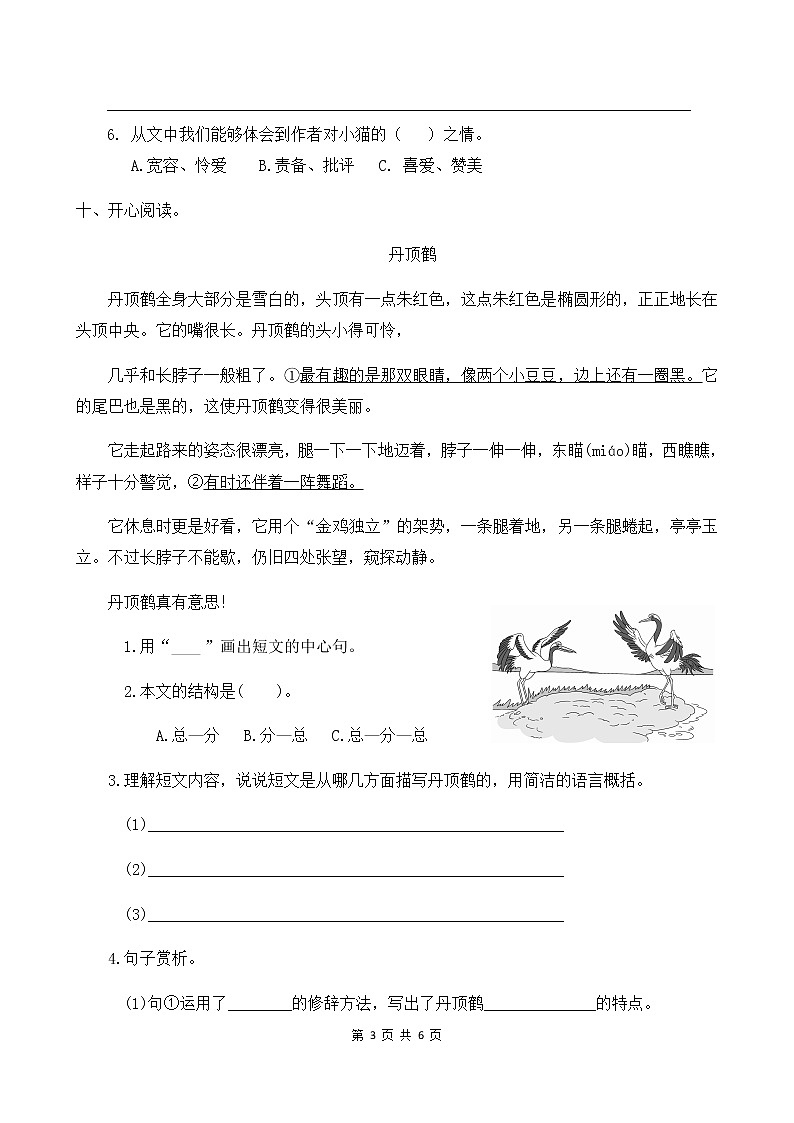 人教部编版四年级语文下册同步一课一练习题13《猫》（有答案）03