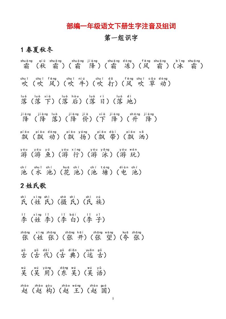 部编版语文一年级下册生字注音及组词汇总，假期早知道 学案01