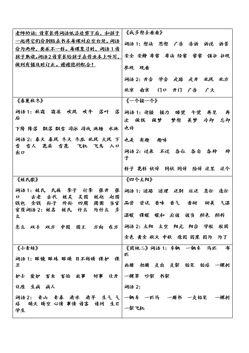 部编版一下语文期末复习之 认读词语和听写词语 试卷01