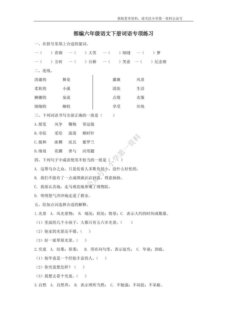 部编版六下语文期末复习专题二：词语专项六年级练习01