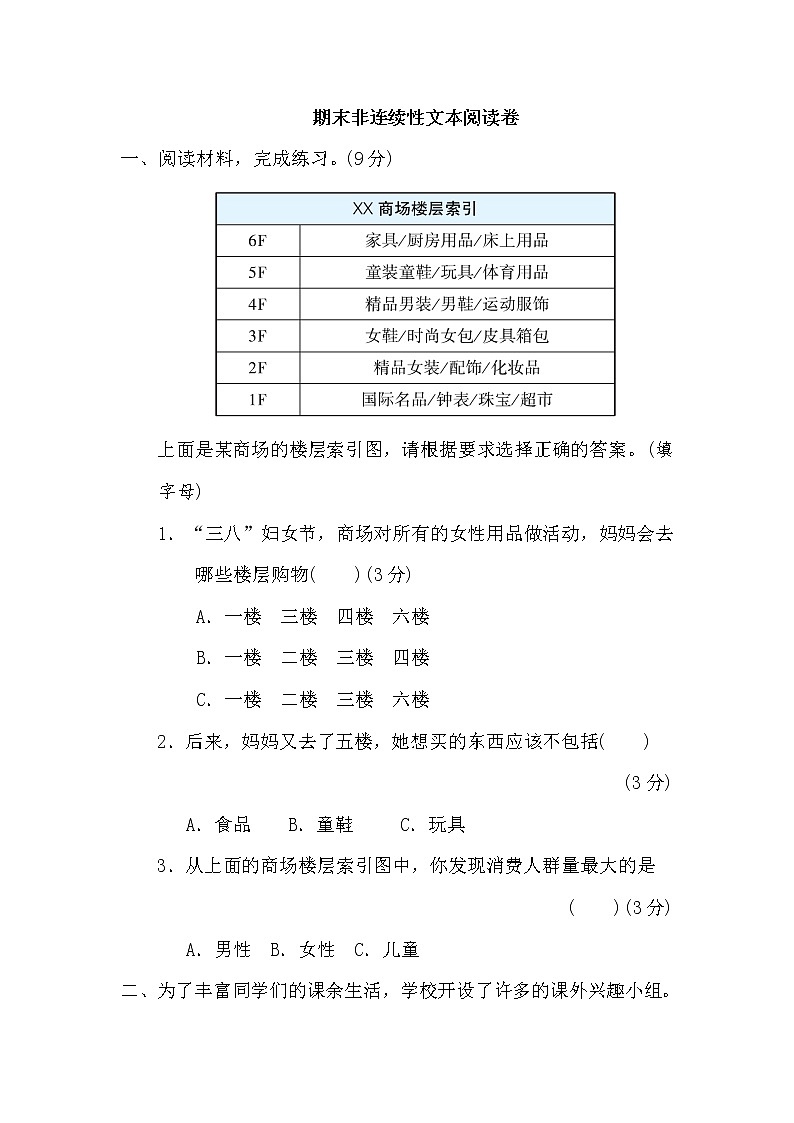 部编版四下语文期末非连续性文本阅读卷第1页
