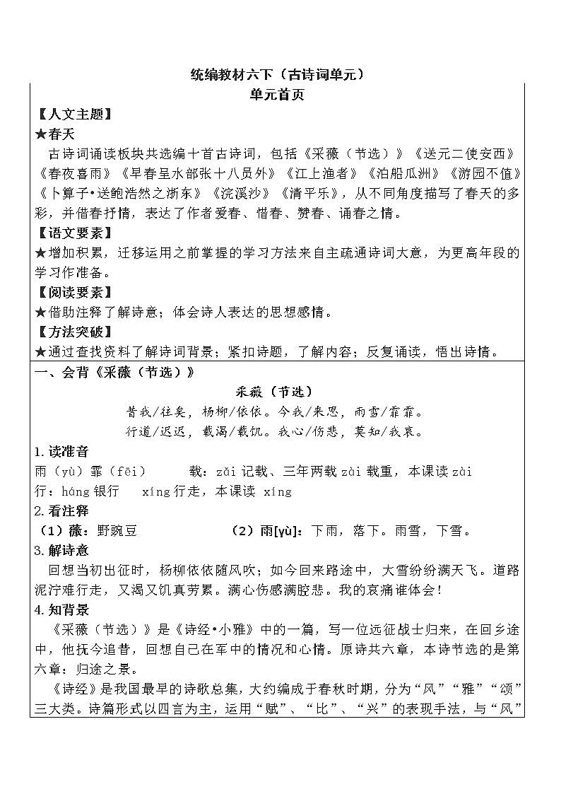 部编版六下语文小升初期末古诗单元要点 试卷01