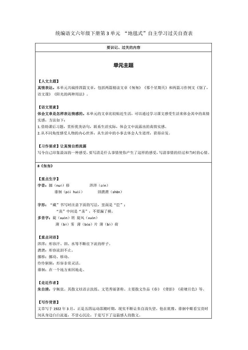 部编版六下语文第3单元 “地毯式”自主学习过关自查表 试卷01