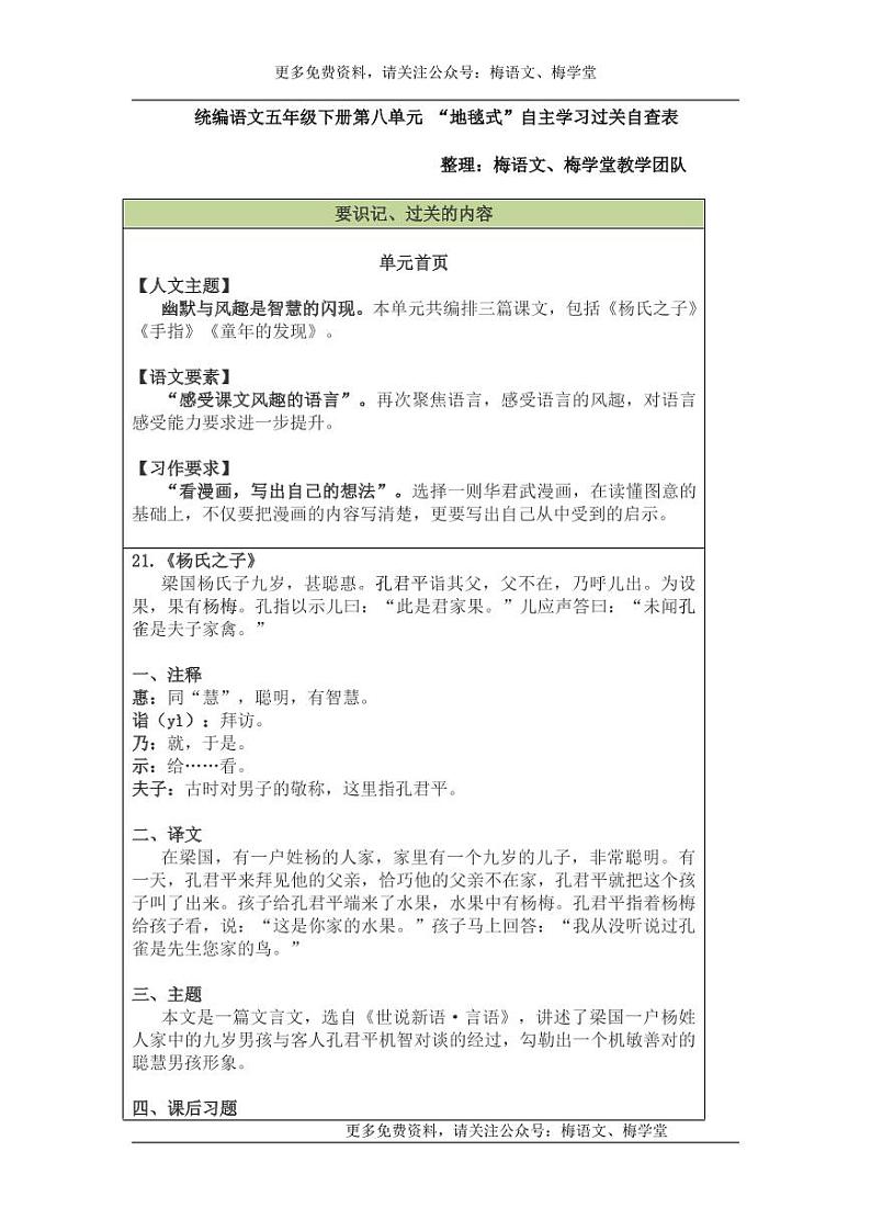 部编版五下语文第8单元“地毯式”自主学习过关自查表 试卷01