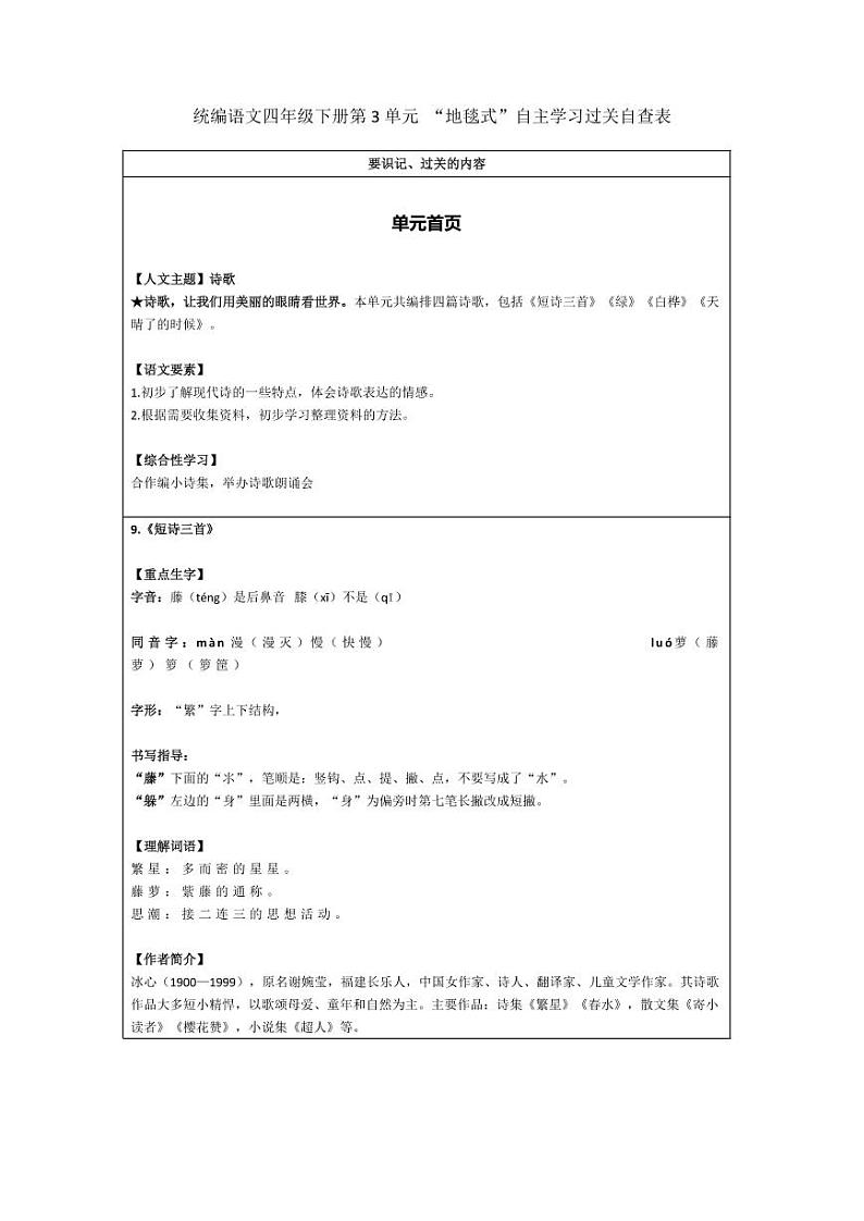 部编版四下语文第3单元 “地毯式”自主学习过关自查表 试卷01