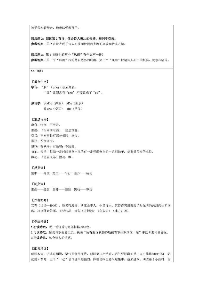 部编版四下语文第3单元 “地毯式”自主学习过关自查表 试卷03