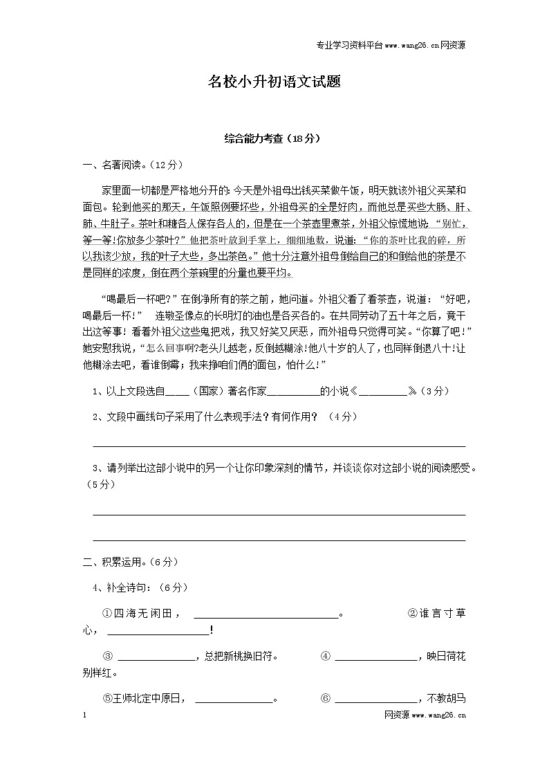 19名校小升初语文试题（网资源）01