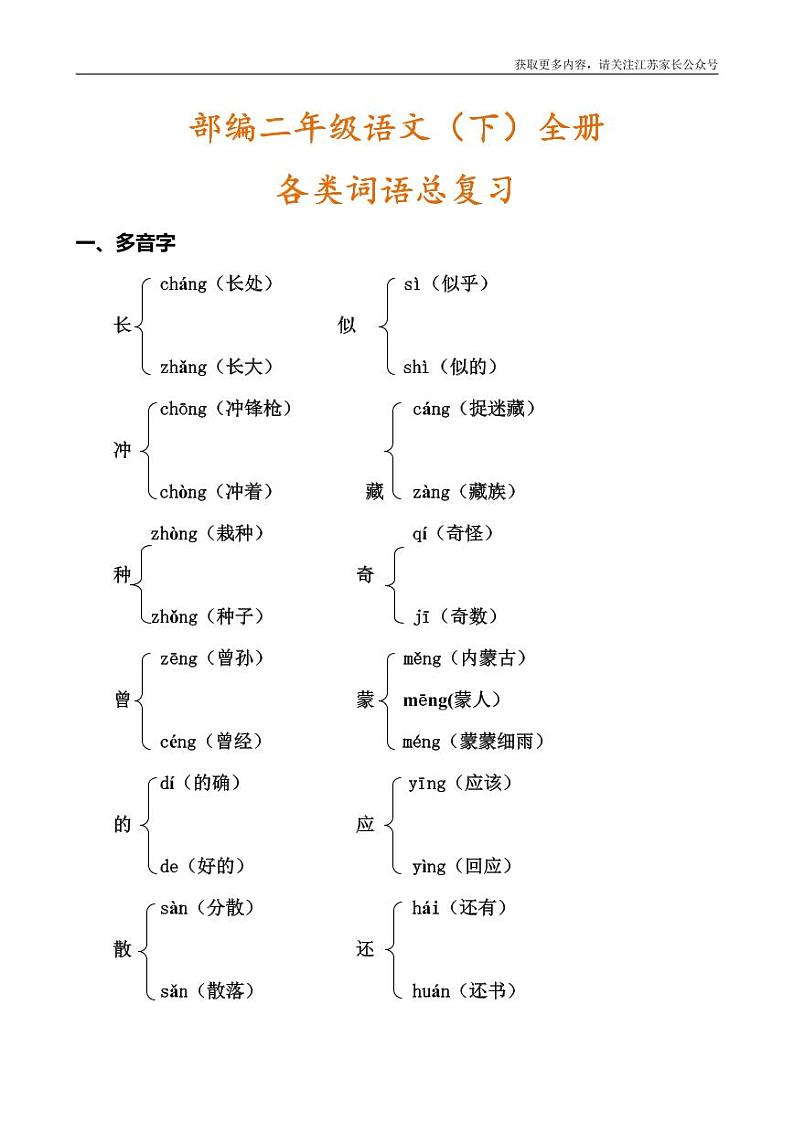 部编版二年级语文下册期末各类词语总复习 试卷01