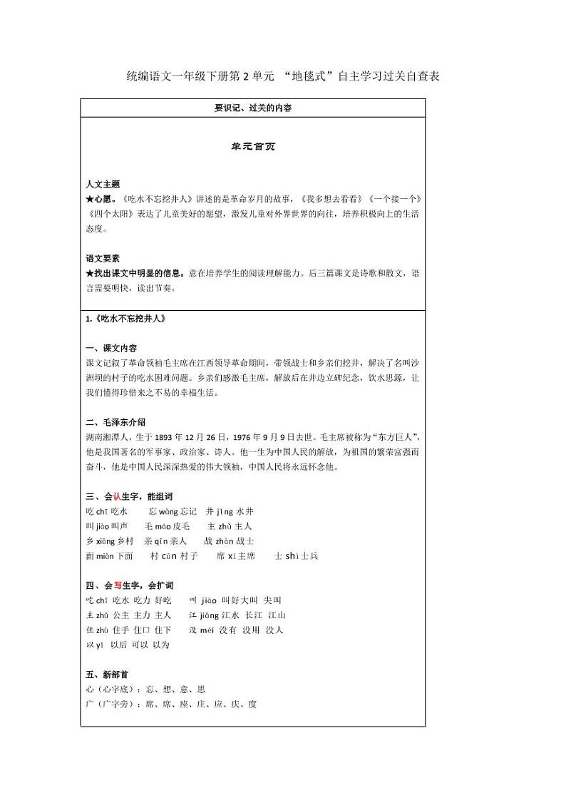 部编版一下语文第2单元 “地毯式”自主学习过关自查表 试卷01