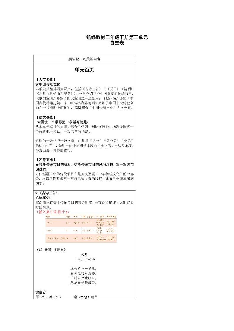 部编版三下语文第3单元 “地毯式”自主学习过关自查表 试卷01