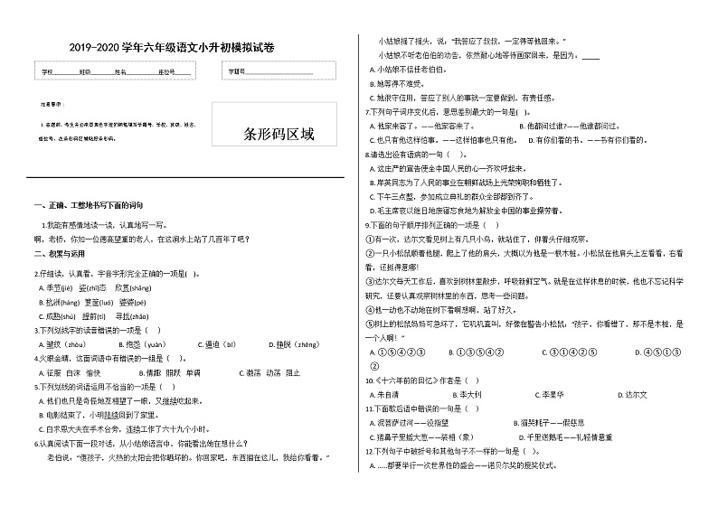 2019-2020学年六年级语文小升初模拟试卷（三）（有答案）01