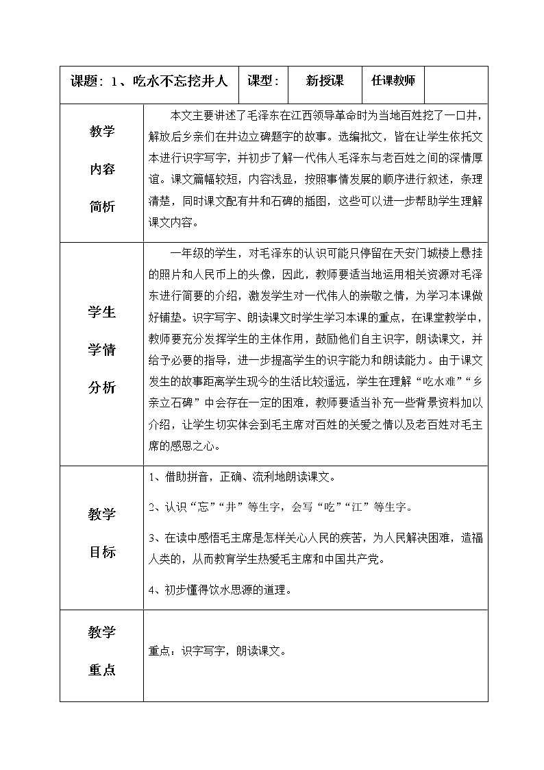 1、吃水不忘挖井人 教学设计（含反思）01