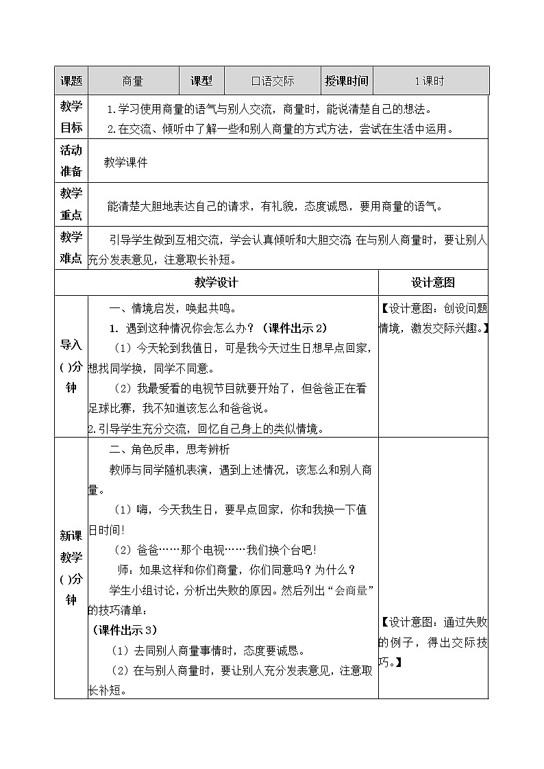 课文4《口语交际：商量》教案01