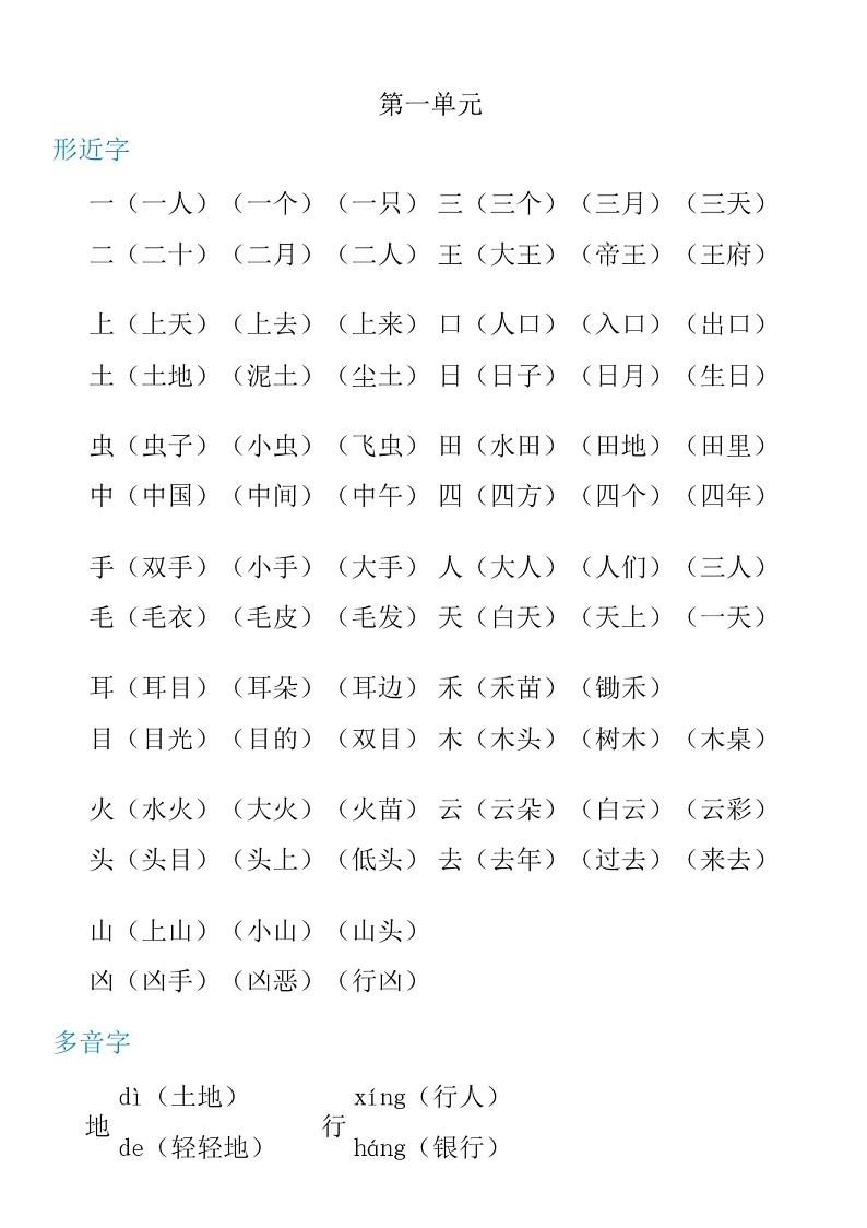 部编一年级语文上册【多音字+形近字】组词汇总 试卷01