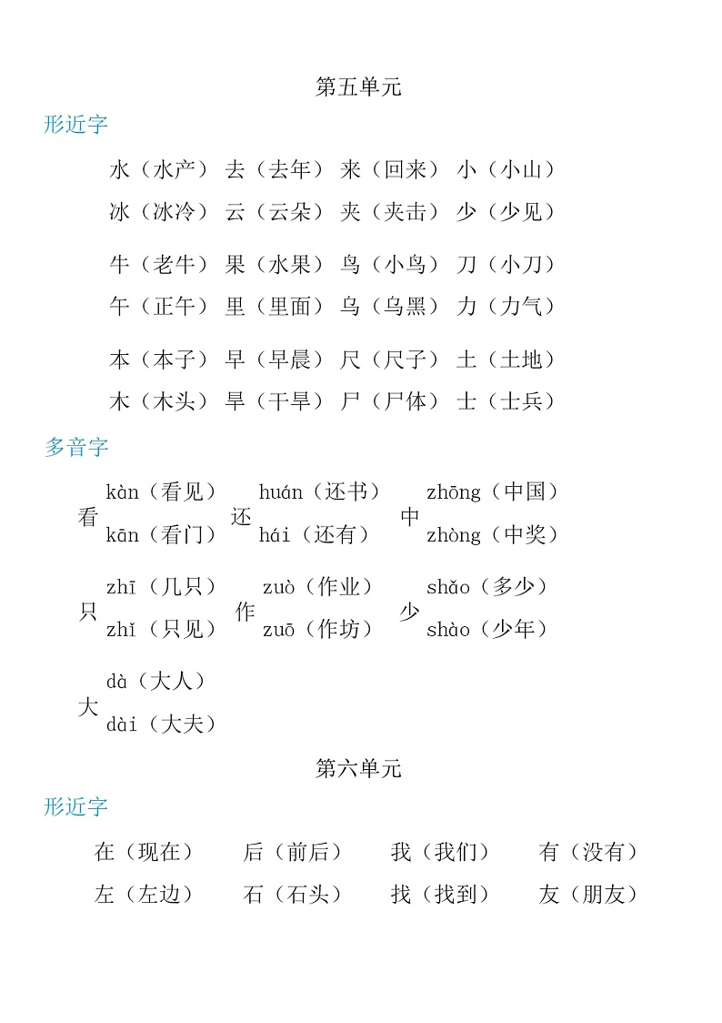 部编一年级语文上册【多音字+形近字】组词汇总 试卷03