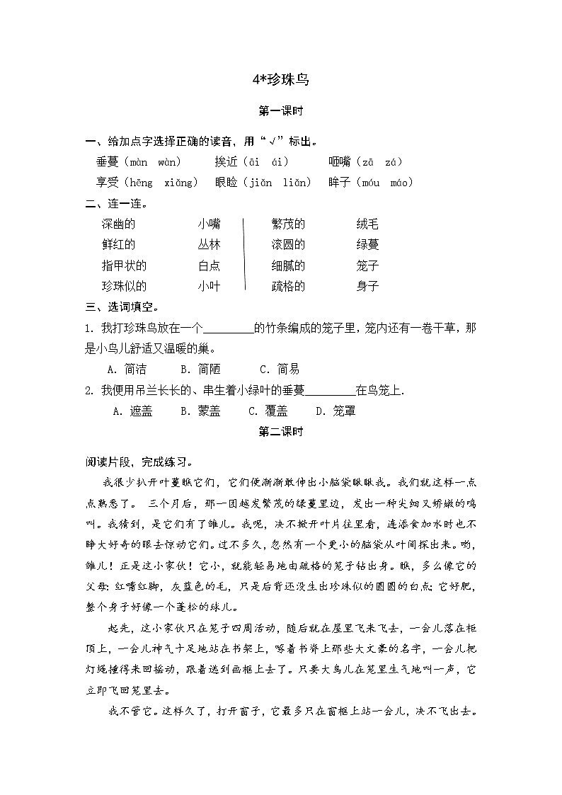 4 珍珠鸟 同步练习01