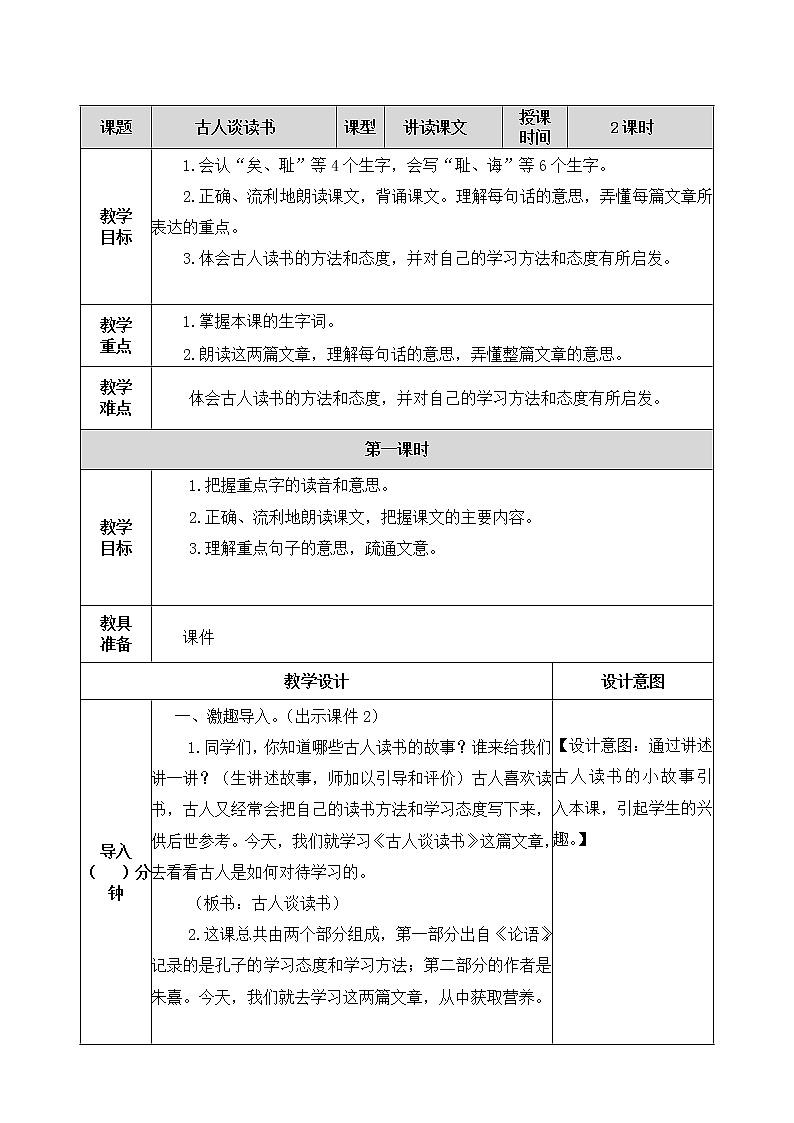 25 古人谈读书 教案第1页