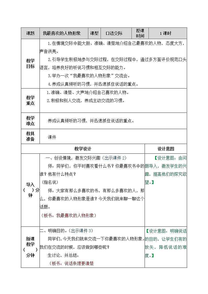 第八单元、口语交际：我最喜欢的人物形象 教案01