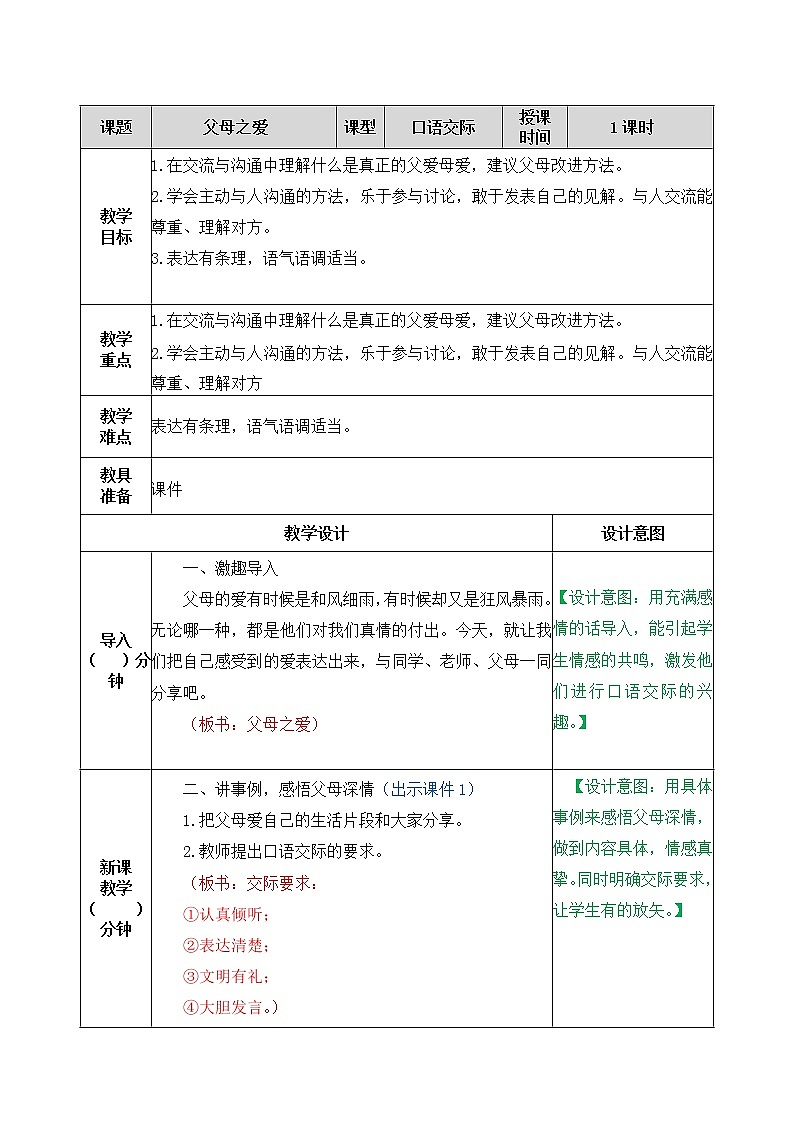 第六单元、口语交际：父母之爱 教案01