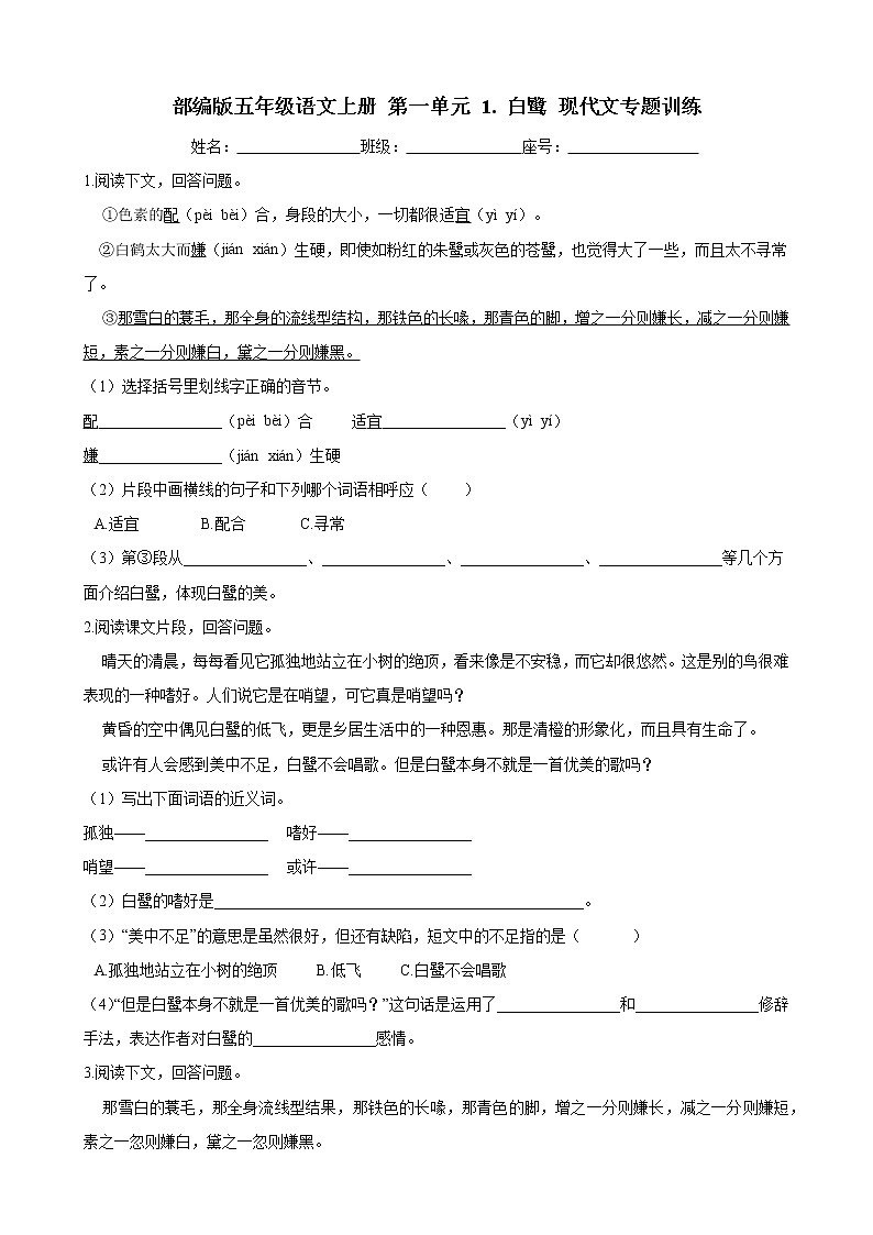 部编版五年级语文上册  第一单元 1. 白鹭 现代文专题训练 (含答案)01