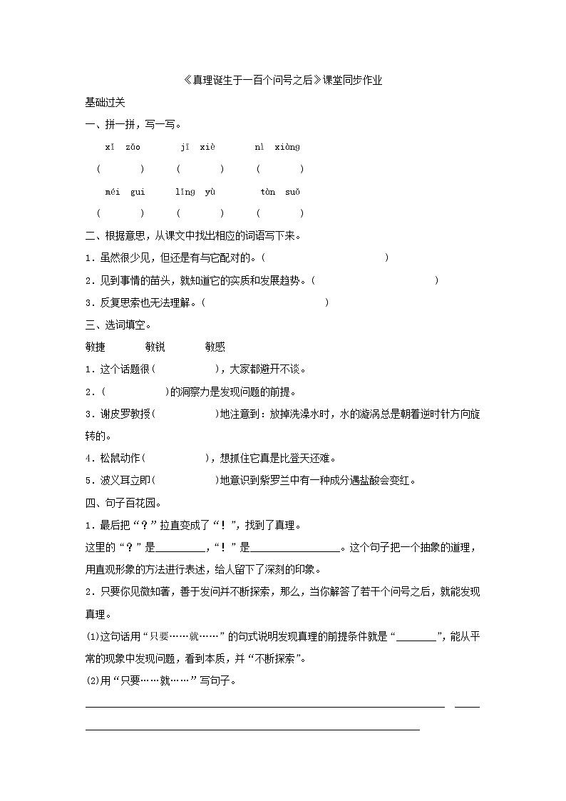 人教版六年级下册语文课件《真理诞生于一百个问号之后》课堂同步作业01