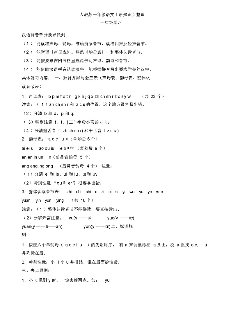 人教版 一年级语文上册 知识点整理-8页第1页
