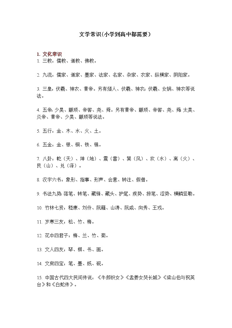 部编版六上语文文学常识(小学到高中都需要) 试卷01
