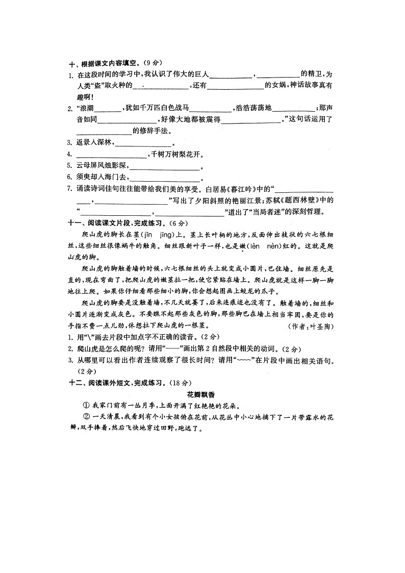 部编版语文4上期中模拟卷103