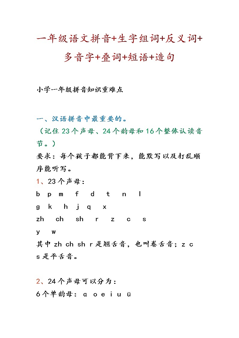 一年级上册语文拼音+生字组词+反义词+多音字+叠词+短语+造句(14)(1) 学案01
