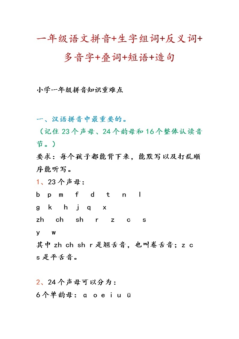 一年级上册语文拼音+生字组词+反义词+多音字+叠词+短语+造句(14)(1) 学案01