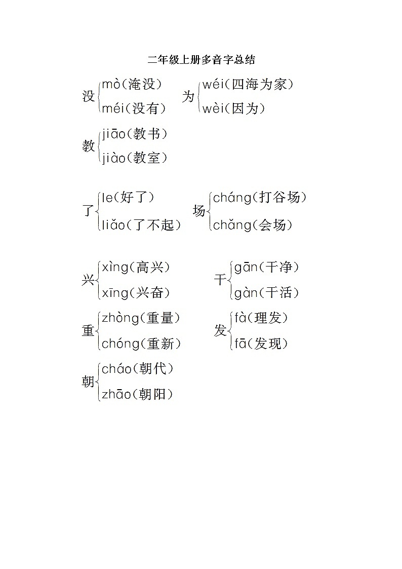部编版二年级上册多音字总结 试卷01