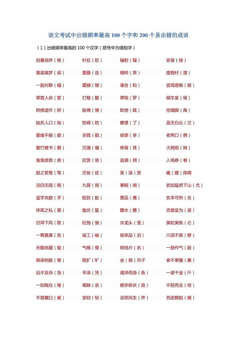 语文出错率最高的100个字和200个成语第1页
