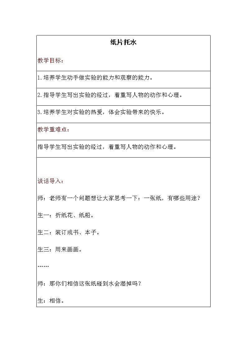 小学实验课作文《纸片托水》教案第1页