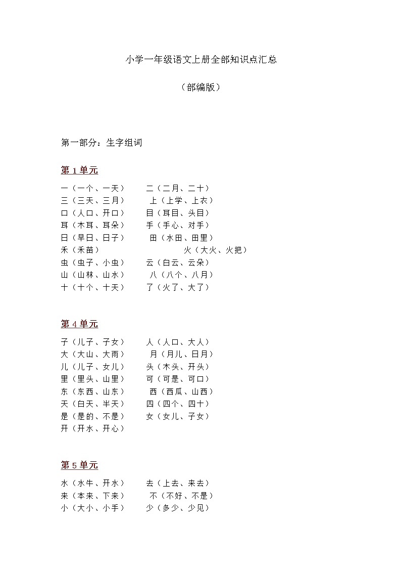 部编版一年级语文上册全部知识点汇总(完整编版)01