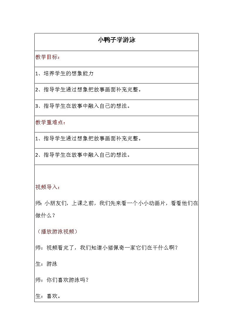 小学1-2年级看图写话《小鸭子学游泳》教案第1页