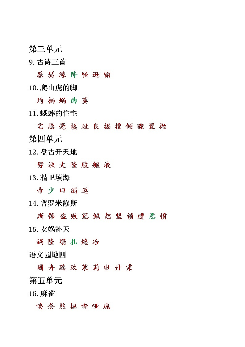 （部编版语文四年级上册）课本内生字词汇总 试卷02