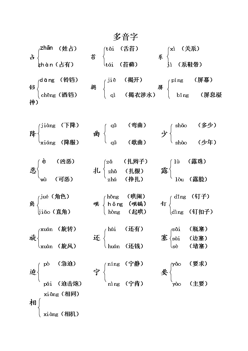 （部编版语文四年级上册）课本内多音字汇总 试卷01