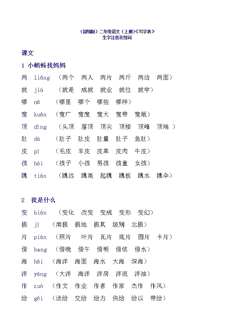 部编版二年级上册写字表生字注音及组词01