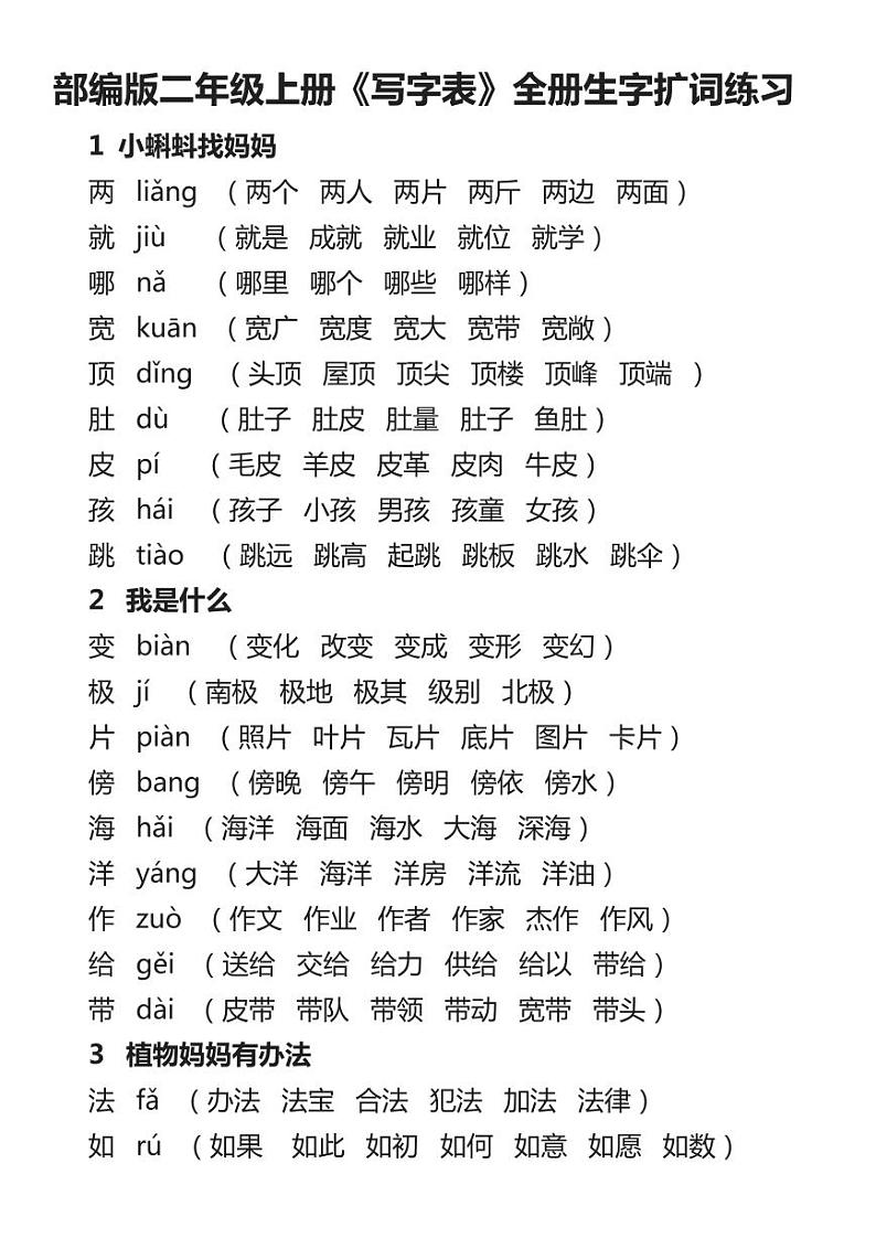 部编版二年级上册组词表01