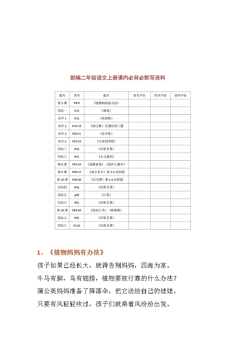 部编版二年级语文上册课内必背必默写知识汇总第1页