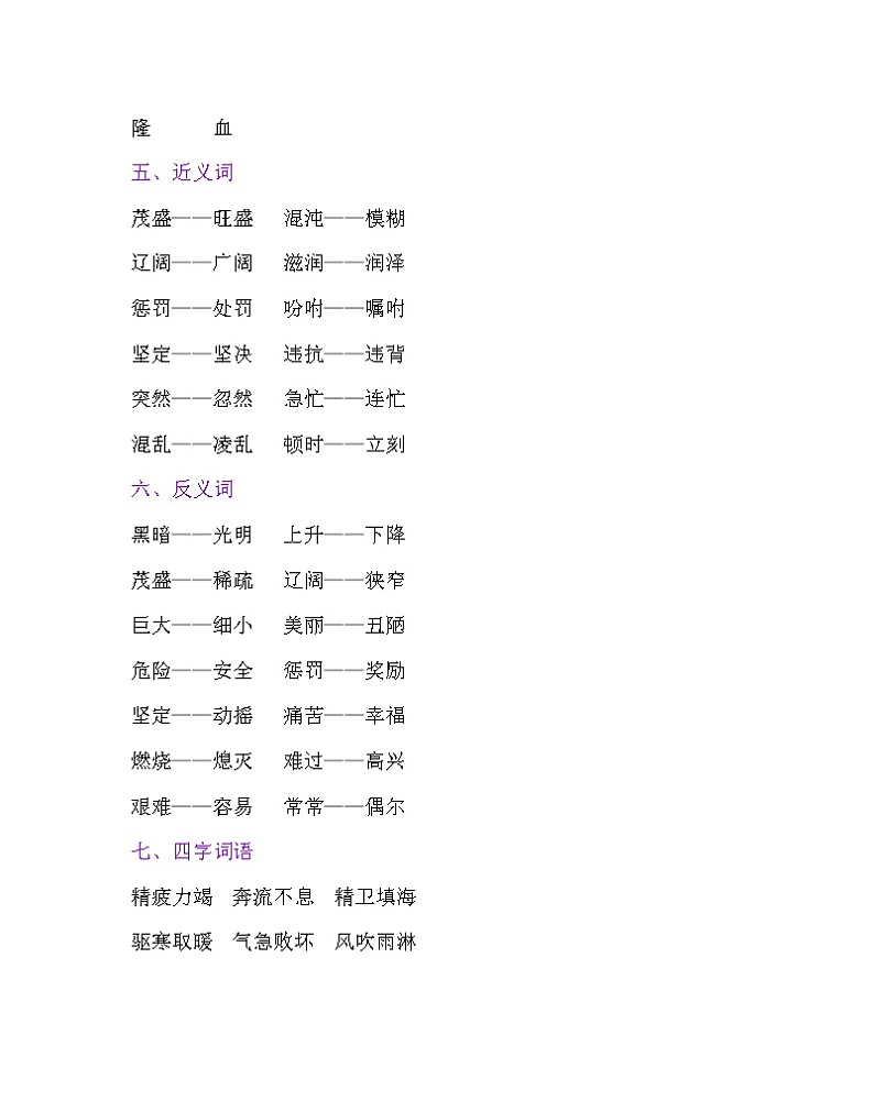 部编版四上语文第四单元复习要点 试卷02