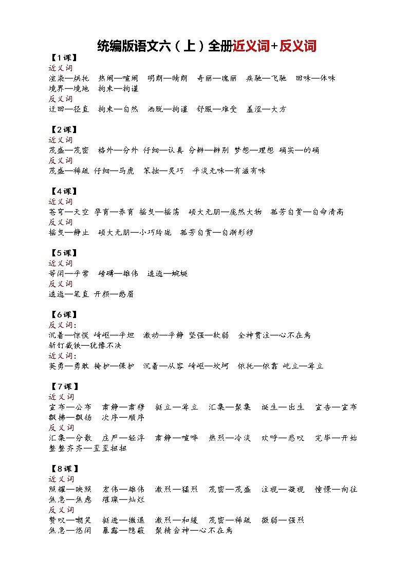 六年级语文上册近义词+反义词第1页