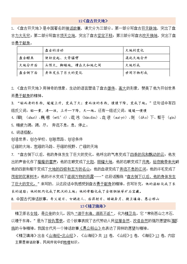 部编版语文四上第四单元 单元知识汇总 试卷01