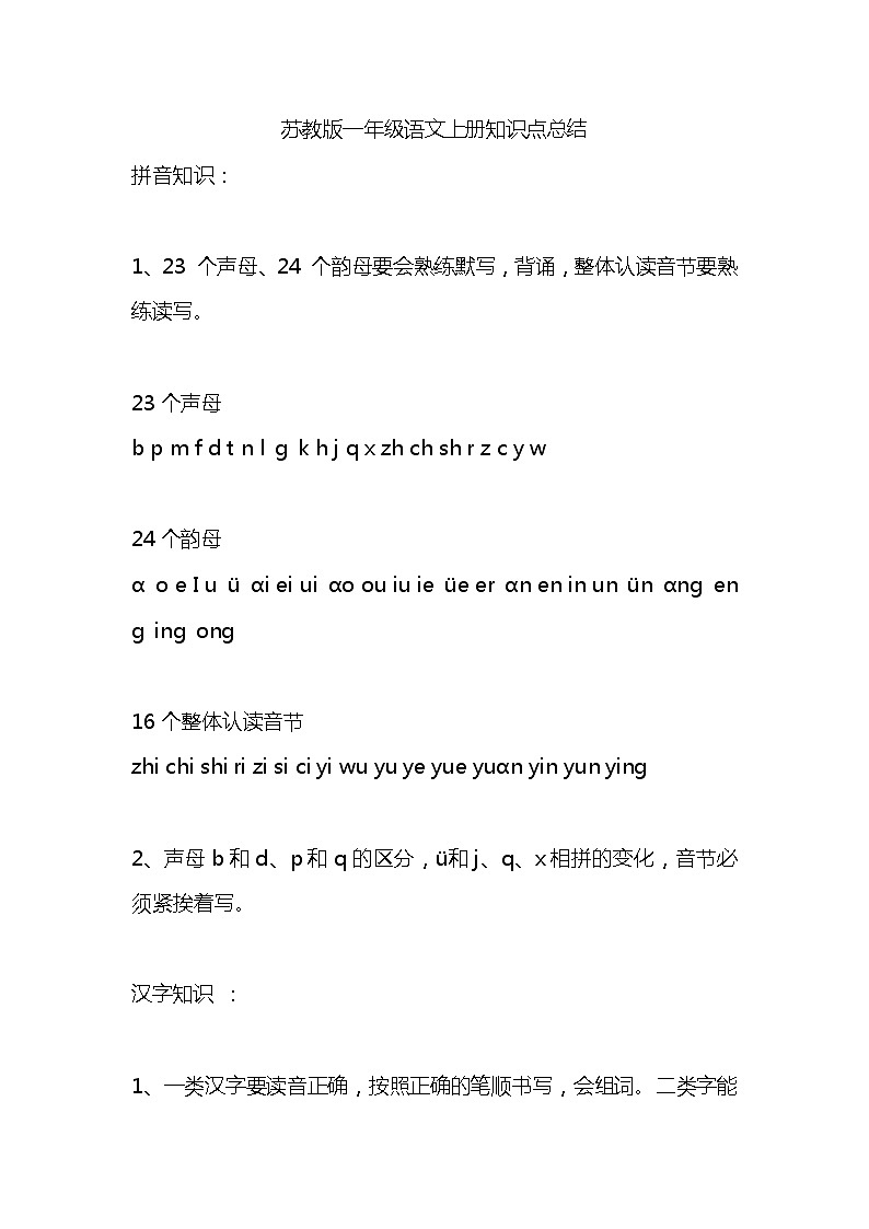 苏教版一年级语文上册知识点总结期末复习资料01