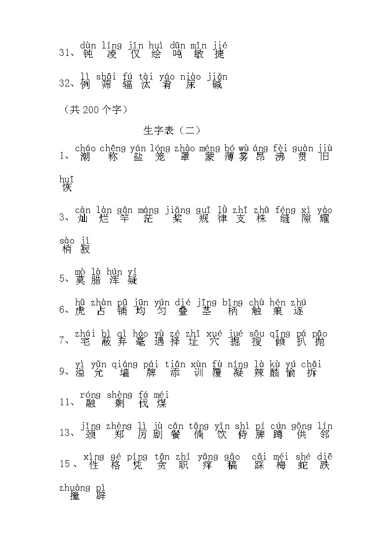 四年级语文全册生字表 试卷03