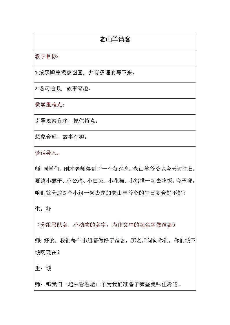 小学1-2年级看图写话《老山羊请客》教案第1页