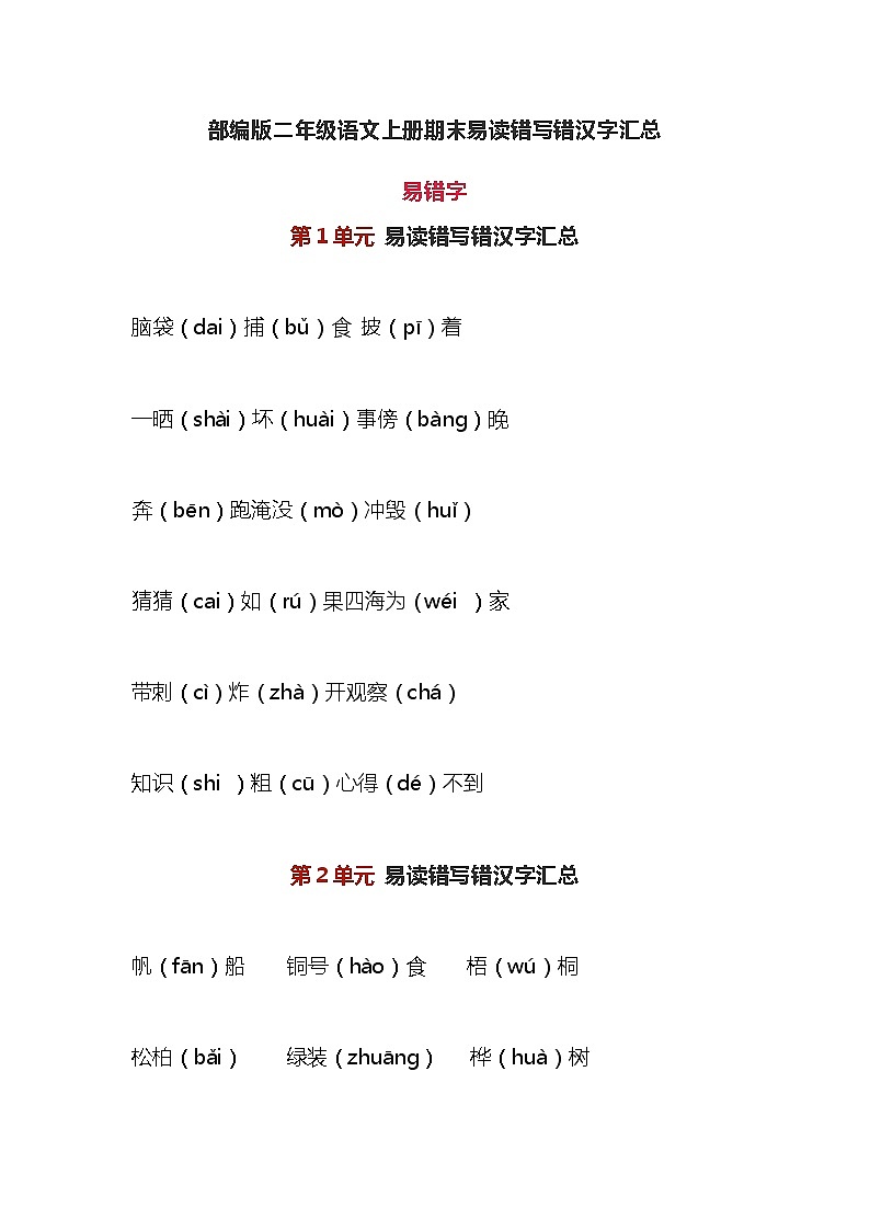 部编版二年级语文上册期末易读错写错汉字汇总 学案01