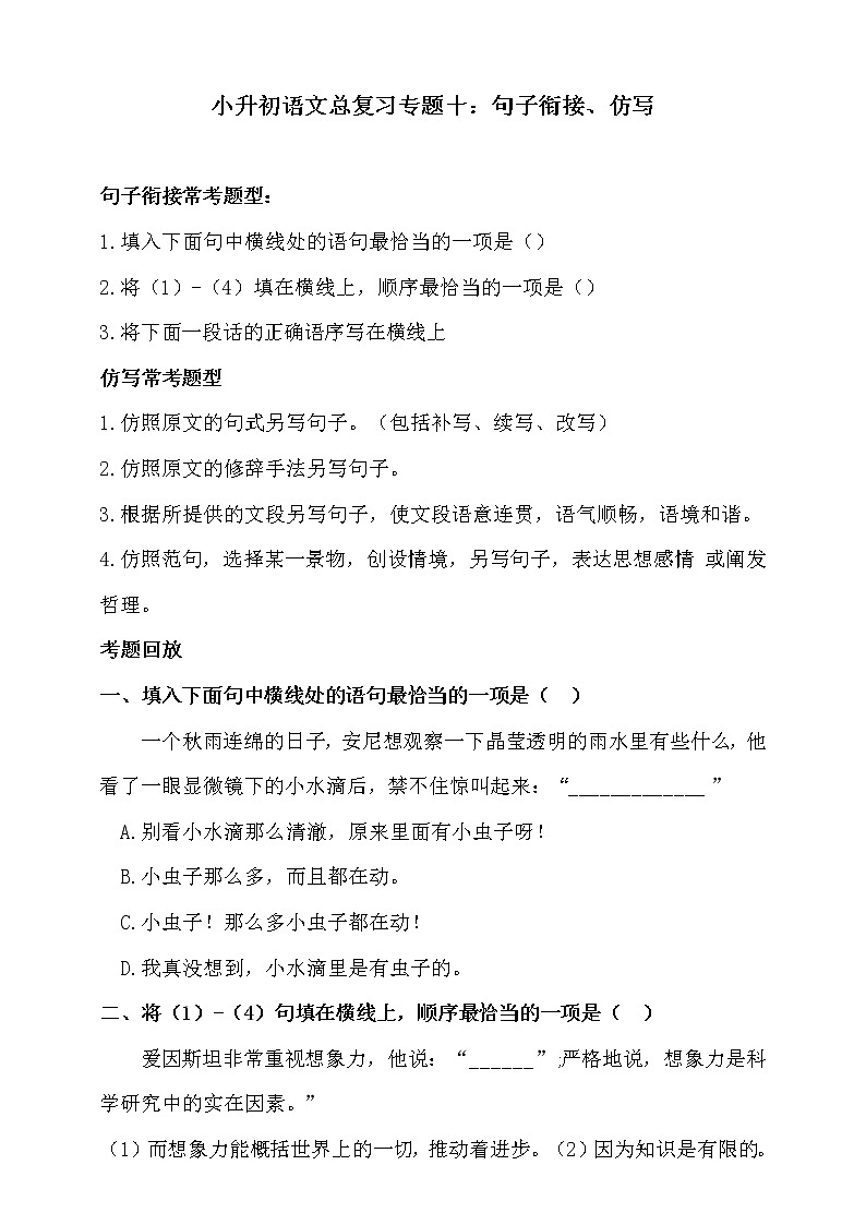 部编版小升初语文总复习专题十·句子衔接、仿写同步练习（含答案）01