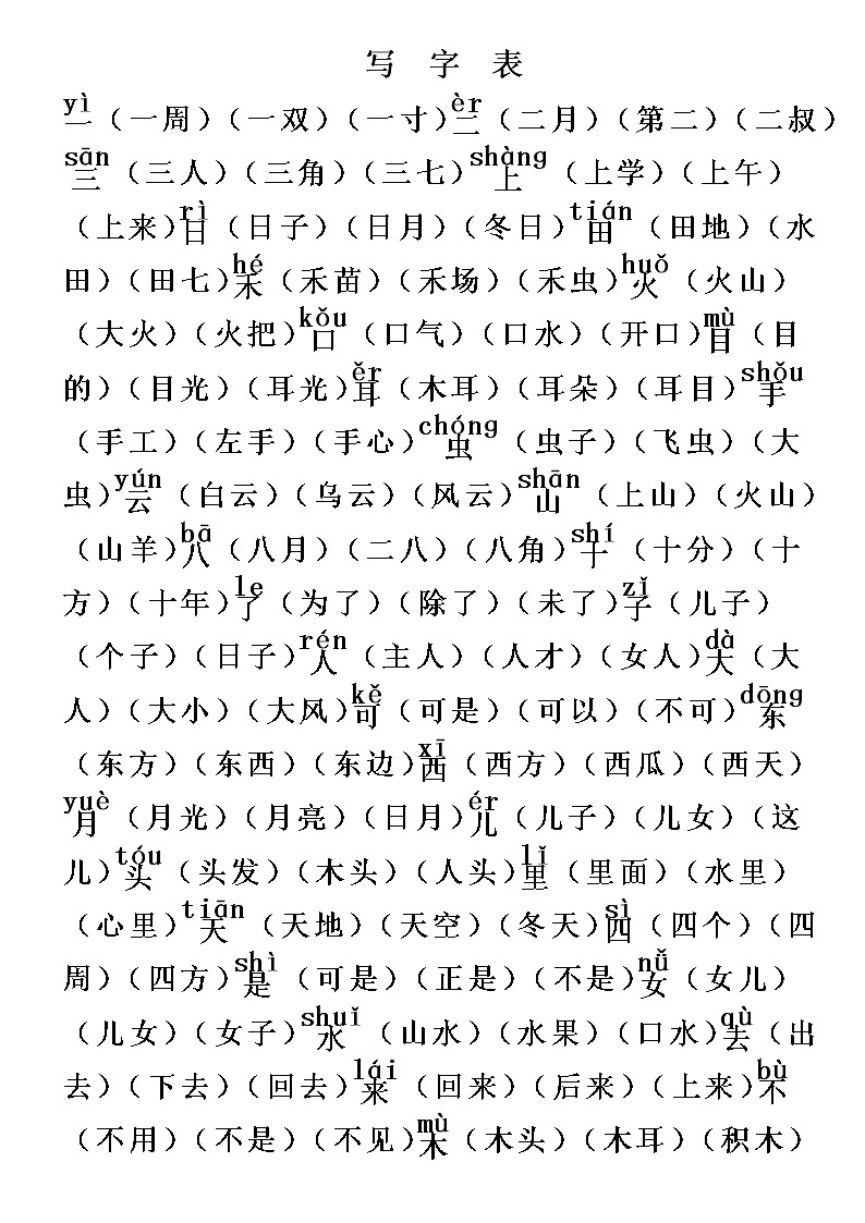 部编版一年级语文上册写字表大全 试卷01